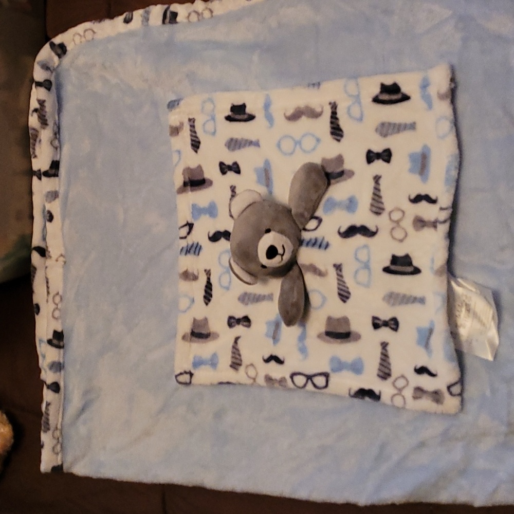 Le Bebe Favorite Gray Bear Blue White Security Blanket Lovey Gift Baby